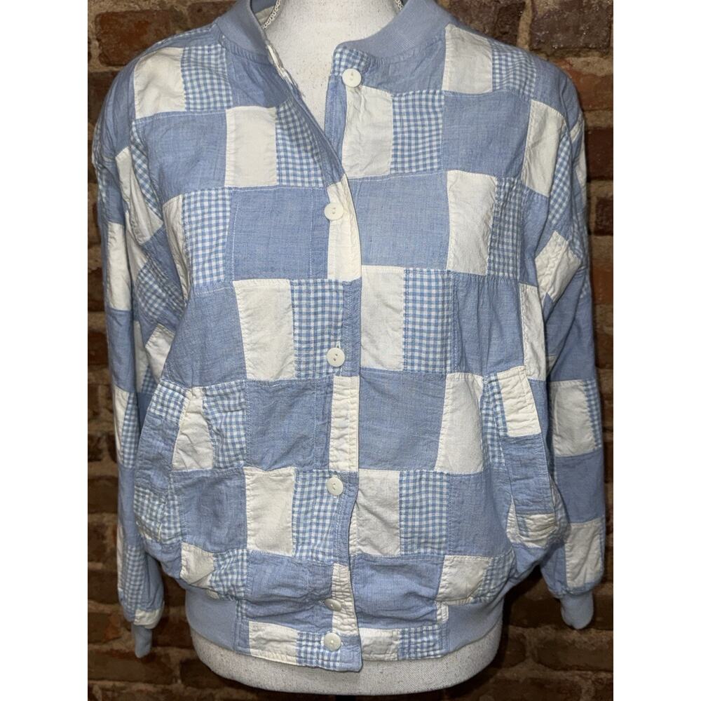 Vintage London Fog Patchwork Bomber Jacket M Blue Gingham Cotton Shoulder Pads - Picture 3 of 12